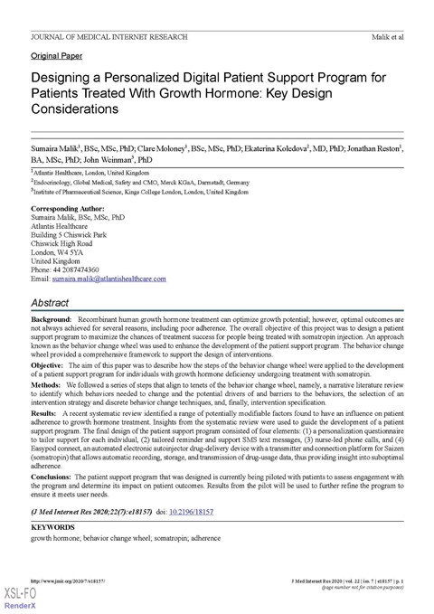 Designing a Personalised Digital Patient Support Programme for Patients Treated With Growth Hormone: Key Design Considerations