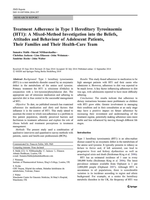 Treatment Adherence in Type 1 Hereditary Tyrosinemia