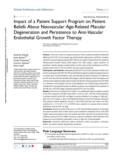 Impact of a Patient Support Program on Patient Beliefs About Neovascular Age-Related Macular Degeneration and Persistence to Anti-Vascular Endothelial Growth Factor Therapy